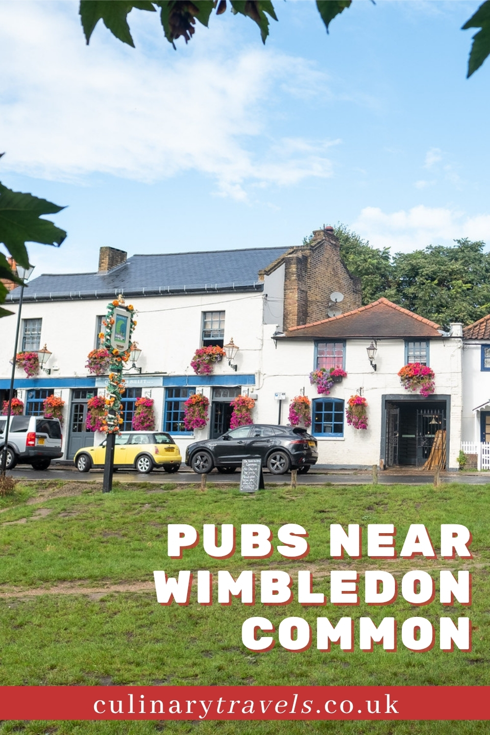 Pinterest collage for the best pubs in Wimbledon, featuring Dog and Fox, Rose and Crown and Fire Stables pub exteriors.